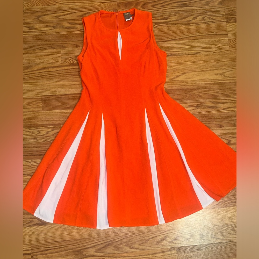 Taylor bright orange color block fitted & flare stretchy two tone dress Sz 6